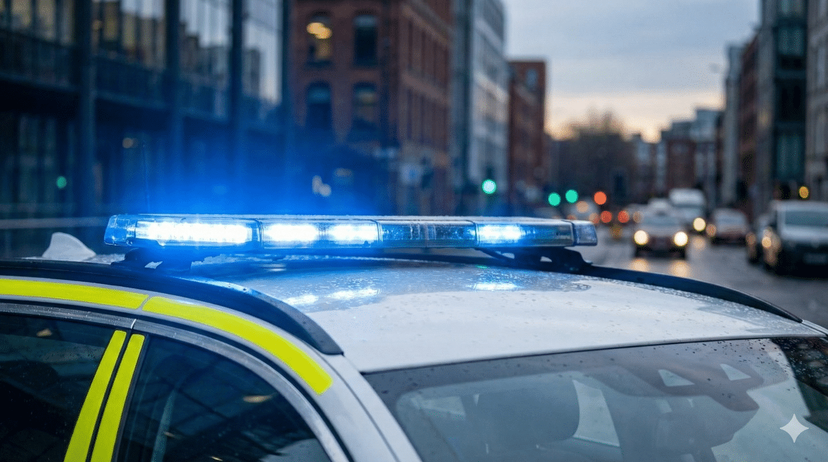 Police car monitoring traffic for speeding offences UK