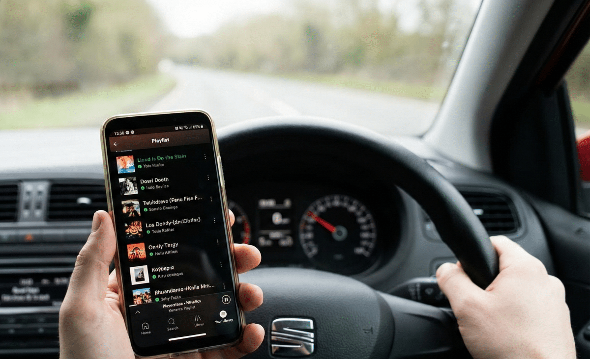 Driver's hand holding a smartphone displaying a music playlist while driving on a UK road, illustrating an illegal use of a mobile phone