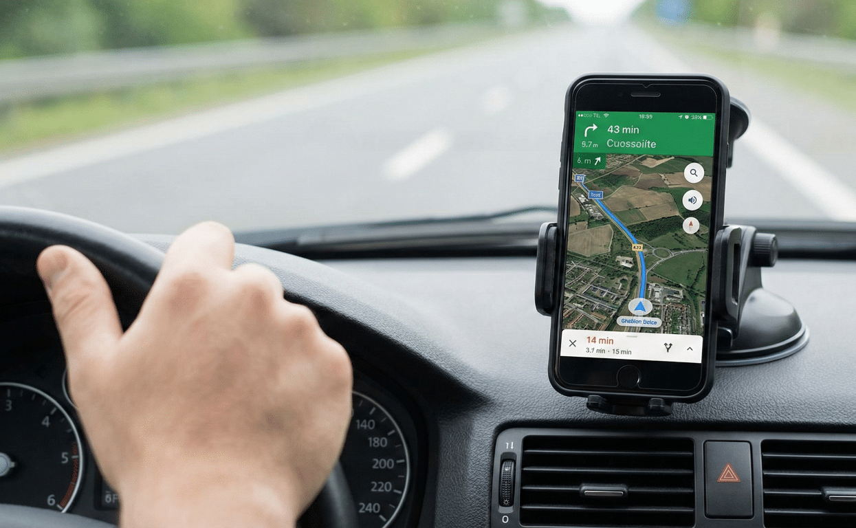 Smartphone secured in a dashboard cradle displaying GPS navigation, illustrating the legal way to use a phone while driving
