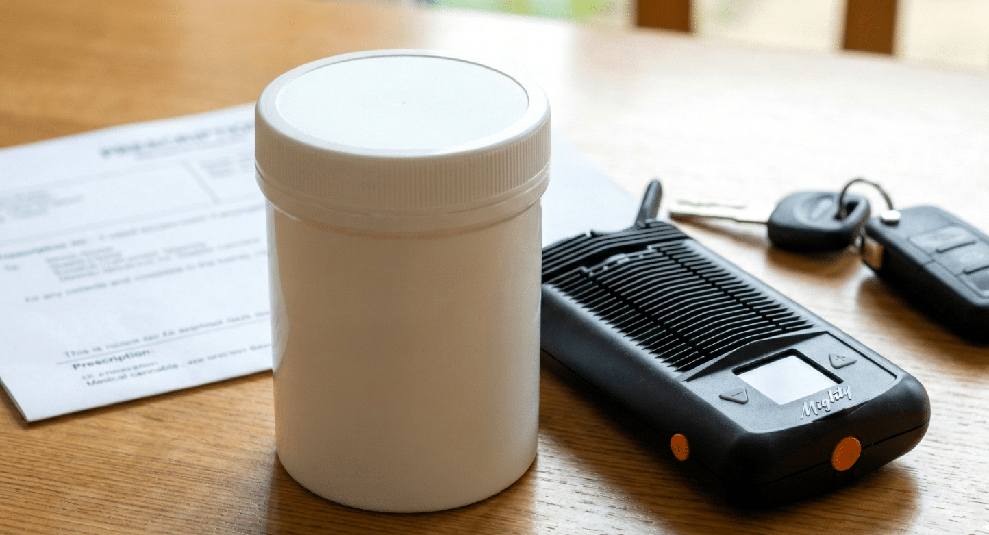 Medical Cannabis prescription container and car keys on a table, illustrating the statutory defence for drivers UK
